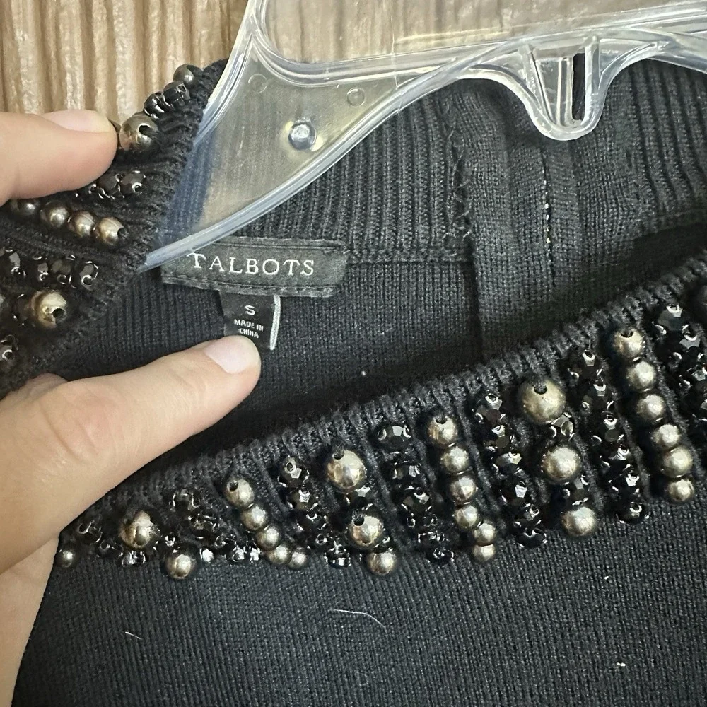 Talbots Beaded Mock Neckline Black Knit Sweater Top Sz S Classy Formal Old Money